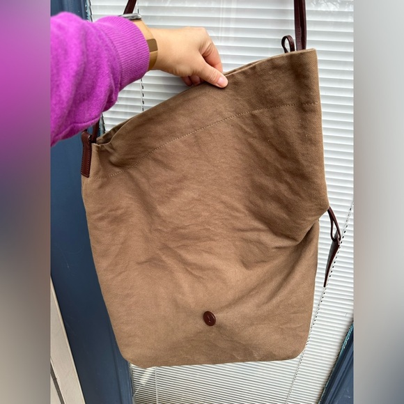 Asymmetrical Leather Cotton Canvas Brown Fold Over Crossbody Messenger Bag - Picture 5 of 16